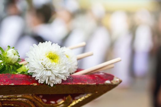 Flower on the tray with pedestal in ordination ceremony, Buddhism tradition