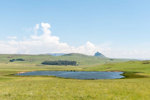 Grass and lake landscape on the road to the Kaalvoet Vrou monument at Retief Pass in the Free State Province