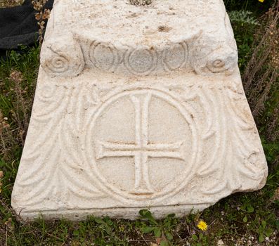 Marble plate with old christian symbols in ancient city Hierapolis near Pamukkale, Turkey