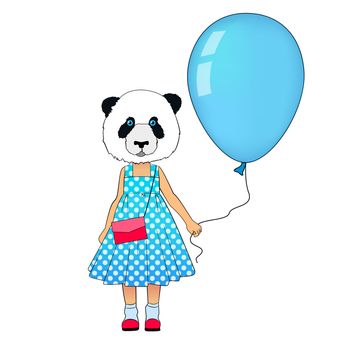 Little fashion panda girl dressed up in dress. Animal hipster bear in dress with balloon. Panda kid dressed in urban style.