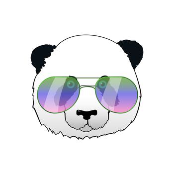 Hand drawn panda in sun glasses. Hipster panda bear illustration. Portrait with mirror sunglasses. Cool funny print for t-shirt or card.
