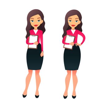 Set character office manager in various poses. Cartoon secretary or teacher on different working situations. Smiling business woman flat character on a white background