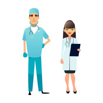 Doctor and nurse team. Cartoon medical staff. Medical team concept. Surgeon, nurse on hospital. Professional health workers. Flat characters isolated on white