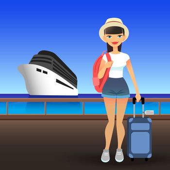 Young woman wearing casual clothes at port. Cartoon flat girl goes on cruise on ship. Traveler lady in the hat is standing on the pier with a suitcase and a backpack