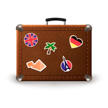Vintage retro suitcase with travel stickers. Old leather luggage bag with stickers of France, Germany, Egypt, UK. Realistic illustration isolated on white background