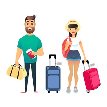 Travelling people waiting for airplane or train. Cartoon man and woman traveling together. Young cartoon couple go on vacation with suitcases and bags. Man holds Tickets and passports, girl holds backpack. Happy newlyweds leave on the sea resort