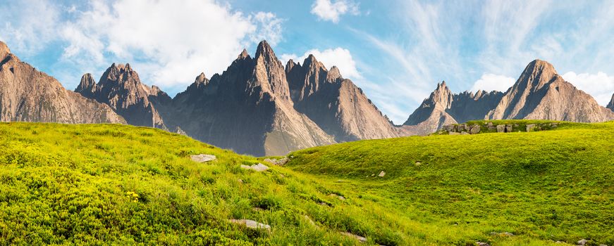Hight Tatra mountain summer landscape composite image. grassy meadow with stones on top of the hillside near the peak of mountain range