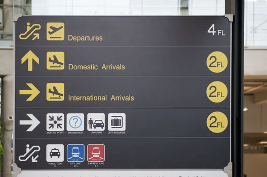 Departure, arrivals and transport guide information board sign with yellow and white character on black background at international airport terminal.
