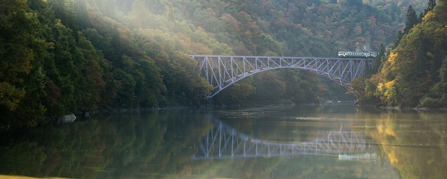 Autumn fall foliage Fukushima First Bridge View Point daiichi kyouryou in Mishima Fukushima Japan panorama