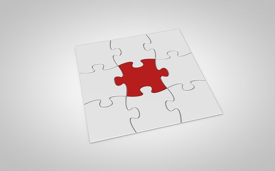 Nine puzzle pieces falling from top to white background. Final red puzzle piece falls into place.