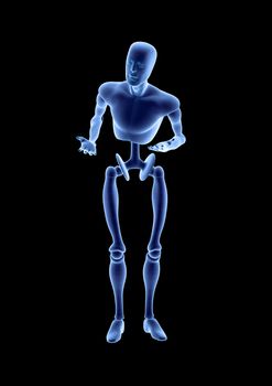 Blue humanoid robot android standing in a questioning pose. Isolated on black background. 3D illustration