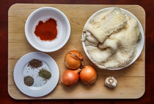 Ingredient`s  for soup from beef tripe table top view