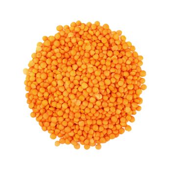 Round shaped Orange Masoor Dal (Red Chief) lentil lens isolated on white background, close up, elevated top view