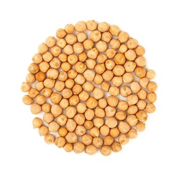 Round shaped dried chickpea beans (Cicer arietinum) isolated on white background, close up, elevated top view