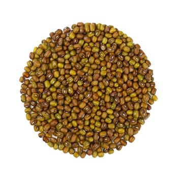 Round shaped green and brown dried Asian traditional mung (moong) gram beans isolated on white background, close up, elevated top view