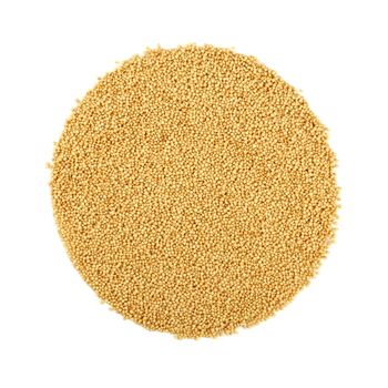 Round shaped amaranth grain seeds isolated on white background, close up, elevated top view