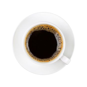 Close up one full white cup of black instant coffee on saucer isolated on white background, elevated top view, directly above