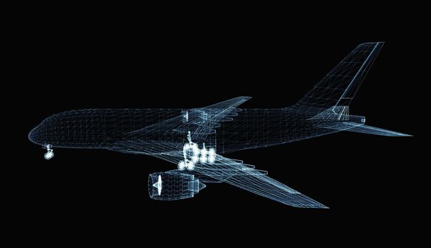 Abstract digital airplane consisting of luminous lines and dots. 3d illustration on a black background