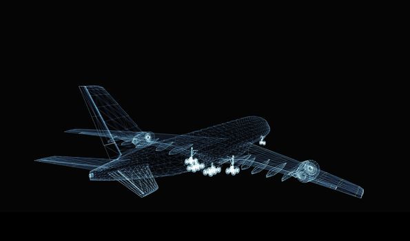 Abstract digital airplane consisting of luminous lines and dots. 3d illustration on a black background