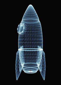 Rocket consisting of luminous lines and dots. 3d illustration on a black background