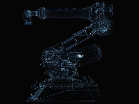 Industrial robot arm consisting of luminous lines and dots. 3d illustration on a black background