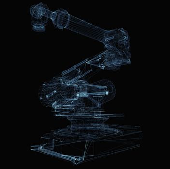 Industrial robot arm consisting of luminous lines and dots. 3d illustration on a black background