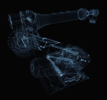 Industrial robot arm consisting of luminous lines and dots. 3d illustration on a black background