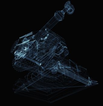 Industrial robot arm consisting of luminous lines and dots. 3d illustration on a black background
