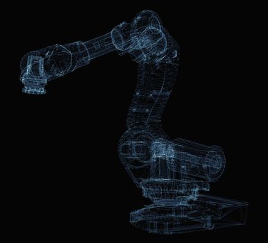 Industrial robot arm consisting of luminous lines and dots. 3d illustration on a black background