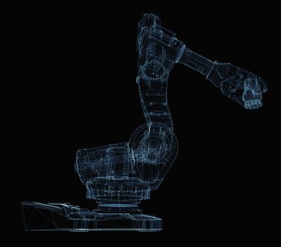 Industrial robot arm consisting of luminous lines and dots. 3d illustration on a black background