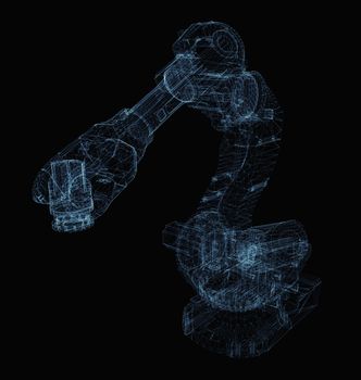 Industrial robot arm consisting of luminous lines and dots. 3d illustration on a black background