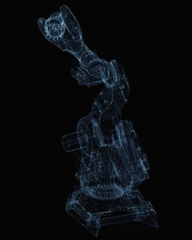 Industrial robot arm consisting of luminous lines and dots. 3d illustration on a black background