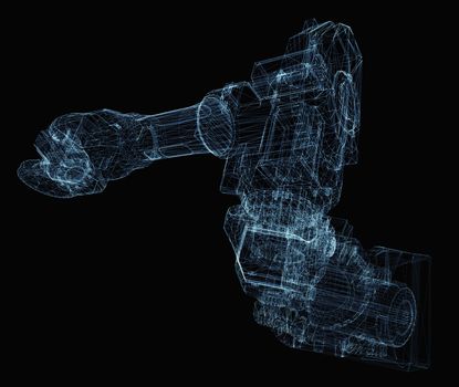 Industrial robot arm consisting of luminous lines and dots. 3d illustration on a black background