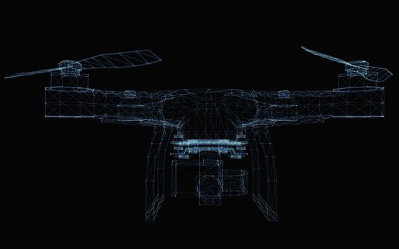 Drone concept consisting of luminous lines and dots. 3d illustration on a black background