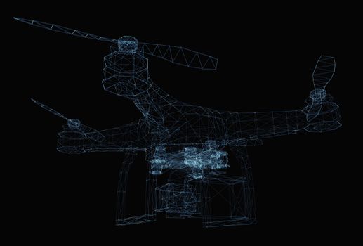Drone concept consisting of luminous lines and dots. 3d illustration on a black background