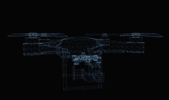 Drone concept consisting of luminous lines and dots. 3d illustration on a black background