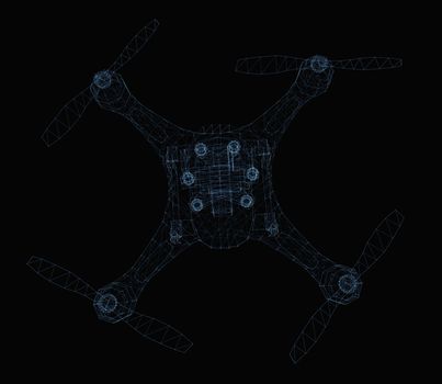 Drone concept consisting of luminous lines and dots. 3d illustration on a black background