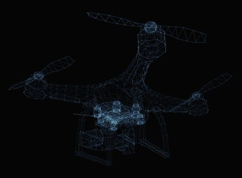 Drone concept consisting of luminous lines and dots. 3d illustration on a black background