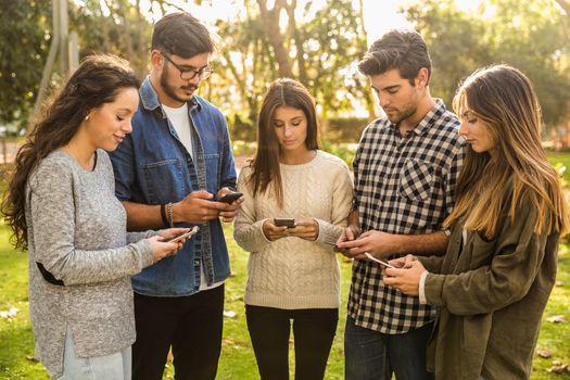 Group of friends in the park hanging out on social networks