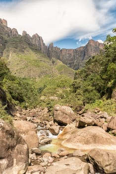 The Tugela River with the Tugela Falls, at 948 m, the 2nd tallest waterfall on earth. Seen from the far end of the Tugela Tunnel