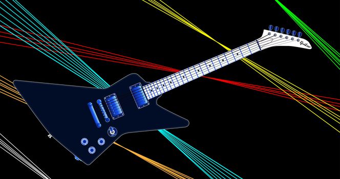 A modern looking electric guitar isolated on a dark backgroundwith lazer beams