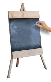 The Hand That Catches Chalk Is Preparing To Write the Alphabet On Wooden Sidewalk Sign With Blank Black Menu Board Isolated On White Background.