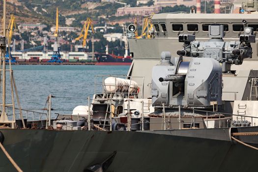 Modern weapons on the deck of a military ship