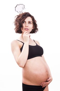 Pregnant woman thinks about her baby. Isolated on white background