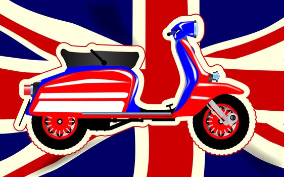 A typical 1960 style motor scooter over a Union flag background