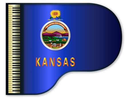 The Kansas state flag set into a traditional black grand piano