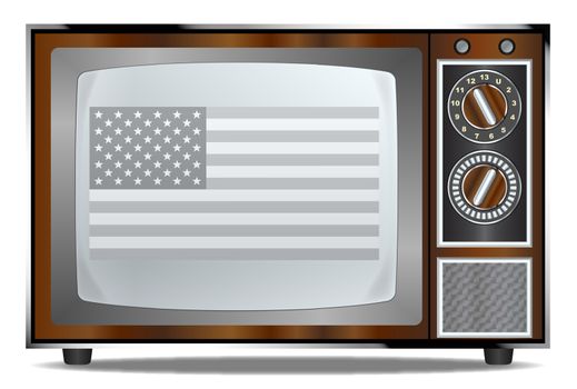 An old wood surround television receiver over a white background with the Stars and Stripes flag