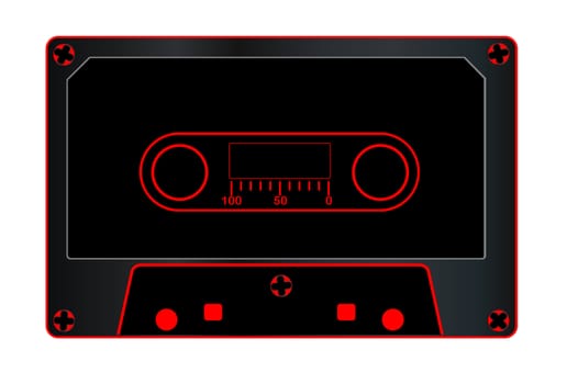 A typical old fashioned audio cassette in black over a white background