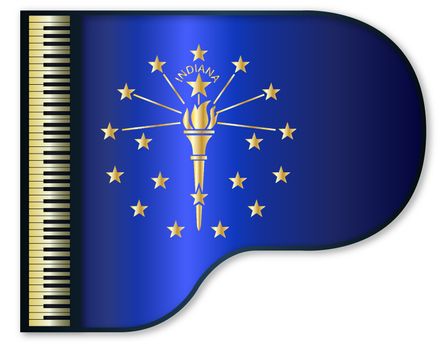 The Indiana state flag set into a traditional black grand piano