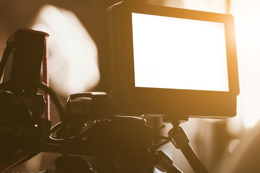 detail of Video camera viewfinder, film crew productio,behind the scenes background